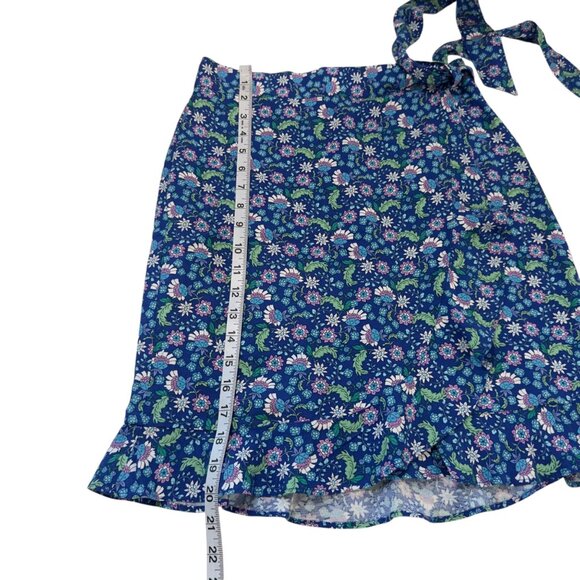 LOFT Floral Wrap Skirt With Ruffle Hem Blue/Green Womens Petite 2P Linen Blend - Picture 6 of 9